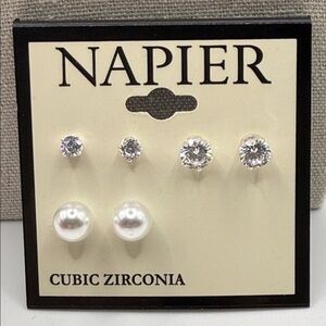 NWT Napier Silver and Pearl Cubic Zirconia Pierced Earrings Trio